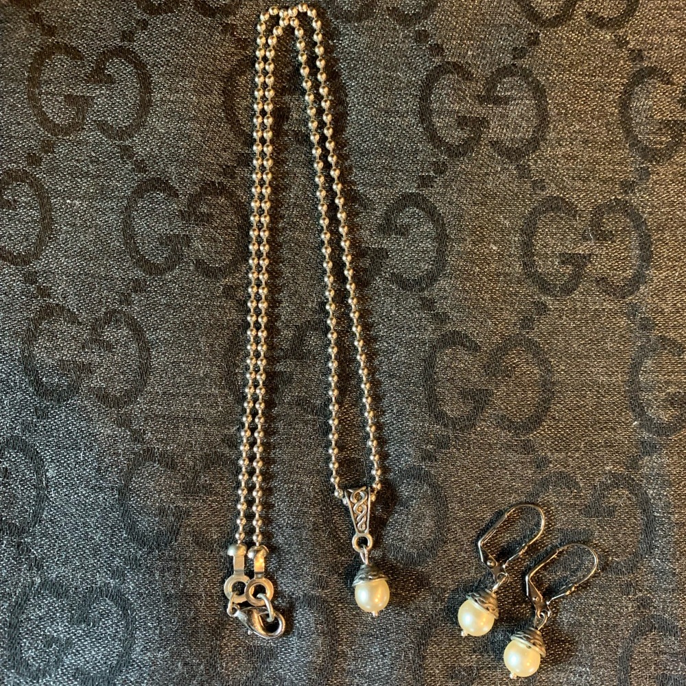 Pearl Drop Necklace and Earring Set - Silver Tone